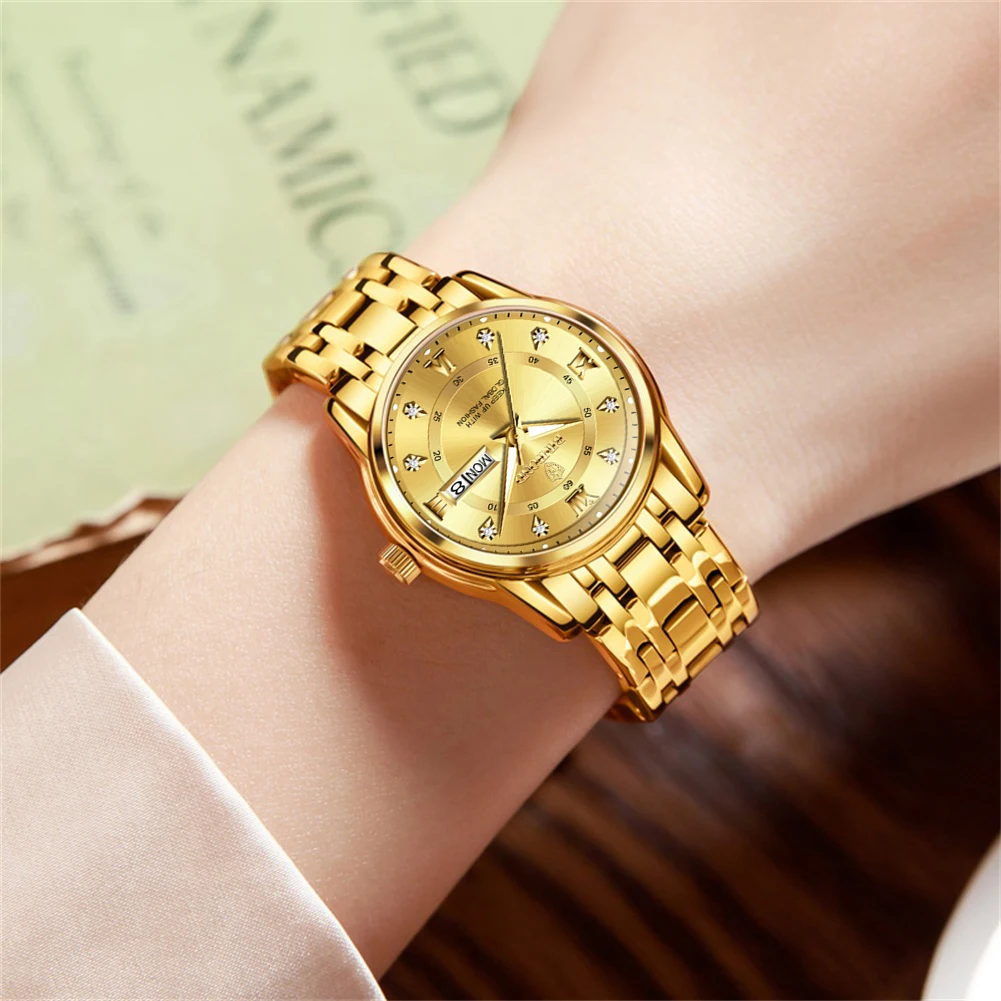 BINBOND Women's Watches 5176L Luxury Gold Fashion Original Quartz Watch for Lady Waterproof Luminous Date Week Stainless Steel
