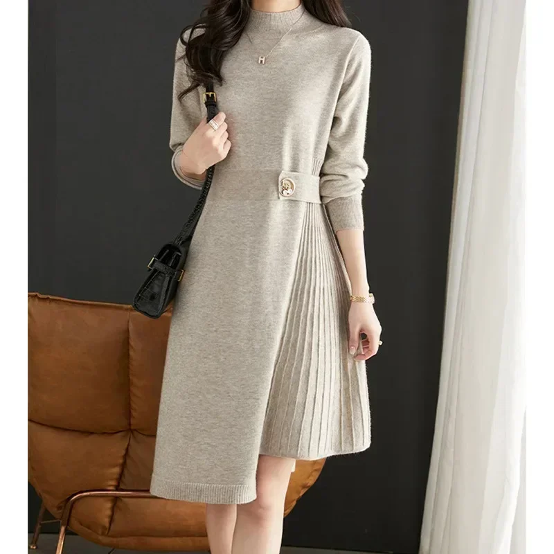 2024 New Semi High Neck Elegant Woolen Dress for Women's Autumn and Winter New Look Slim, Medium Long Base Knitted Dress