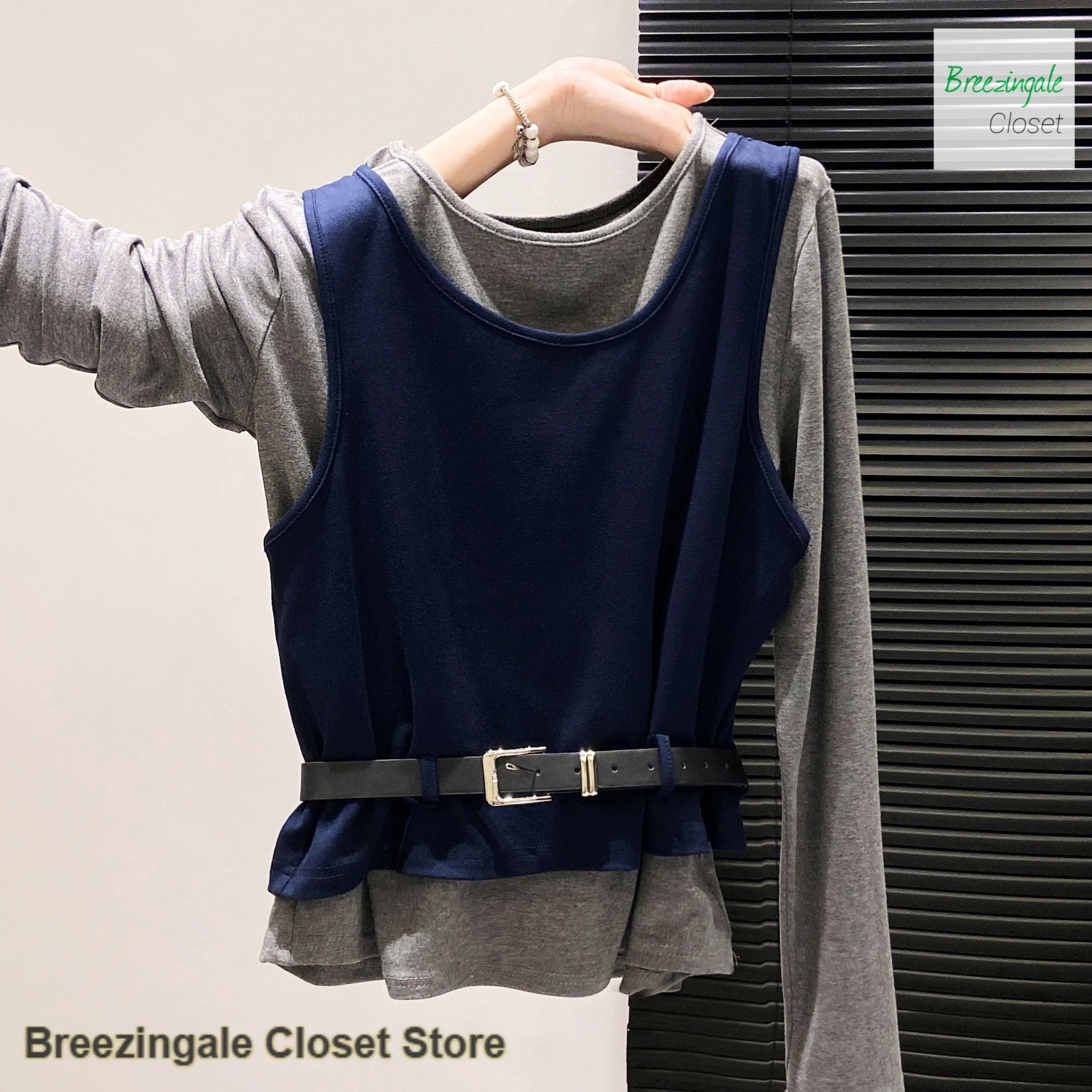 

Korean-style vest two-piece women's autumn new long-sleeved T-shirt women's vest casual style design sense stacked top suit