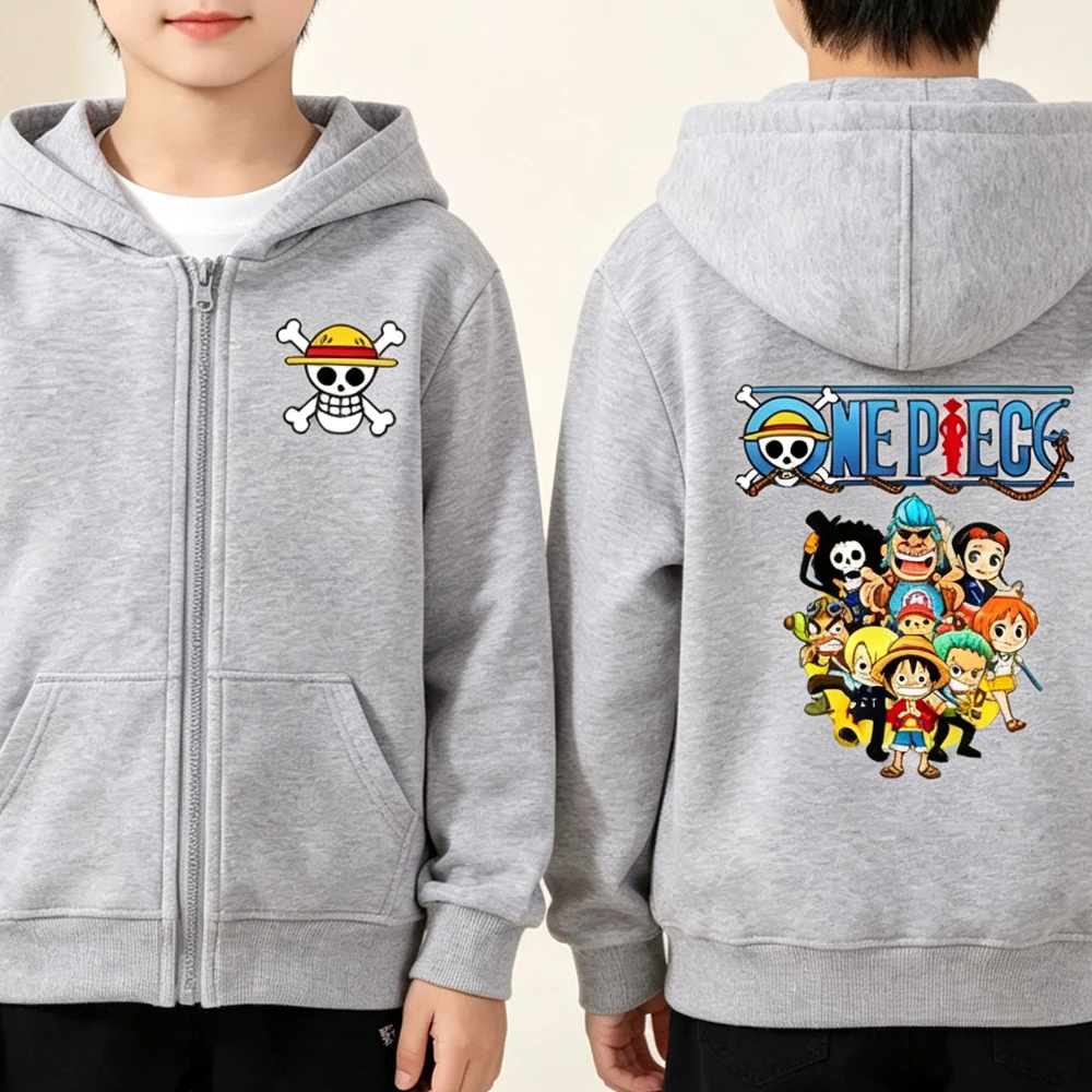 Cartoon Print Clothes Anime One Pieces Zipper Hoodie Kids Long-sleeved Luffy Hooded Sweatshirt Casual Printed Top for Boys Girls