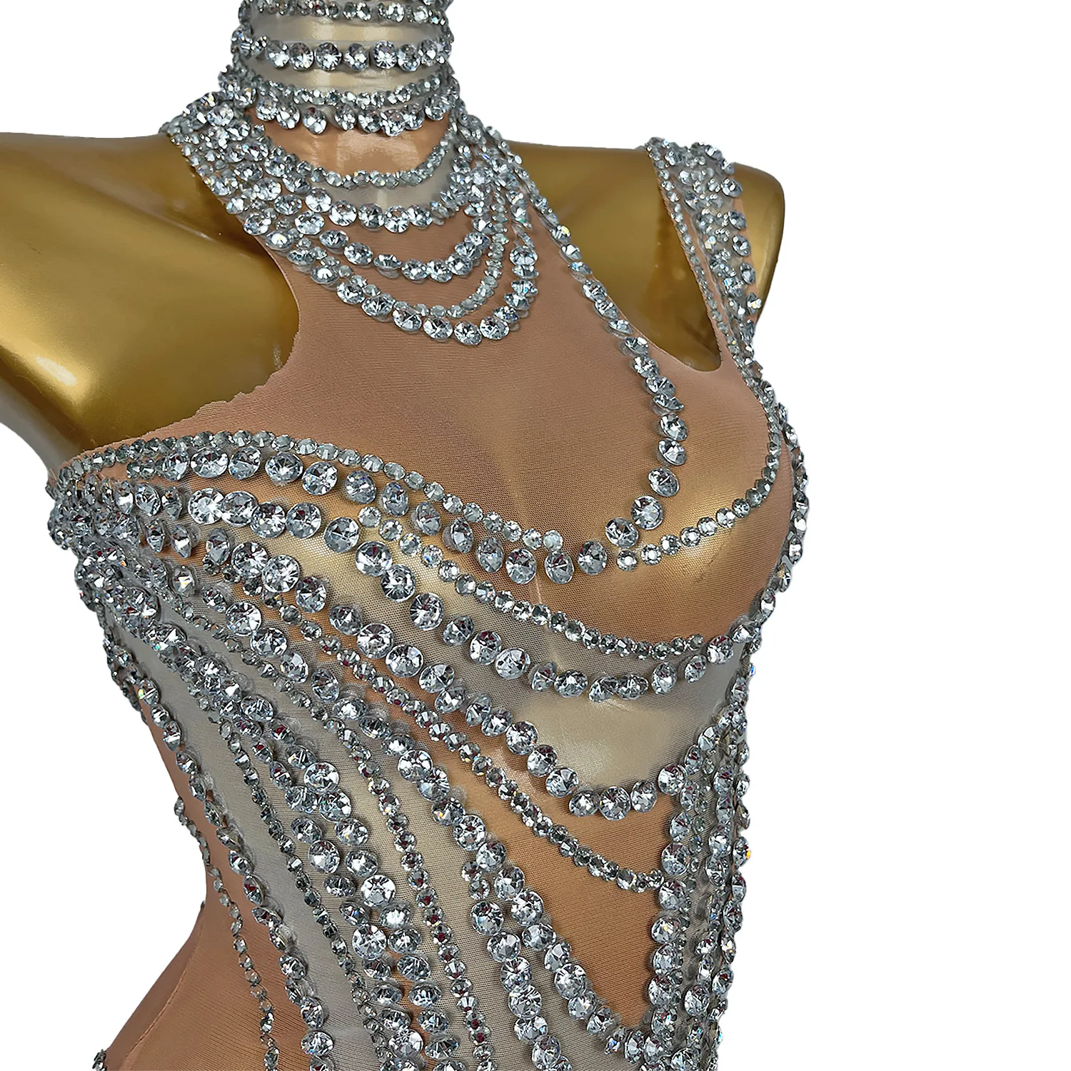 

Sparkly Crystals Rhinestones Sheer Mesh Sexy Mini Dress Birthday Celebrate Party Wear Night Club Outfit Dancer Ultra Short Dress