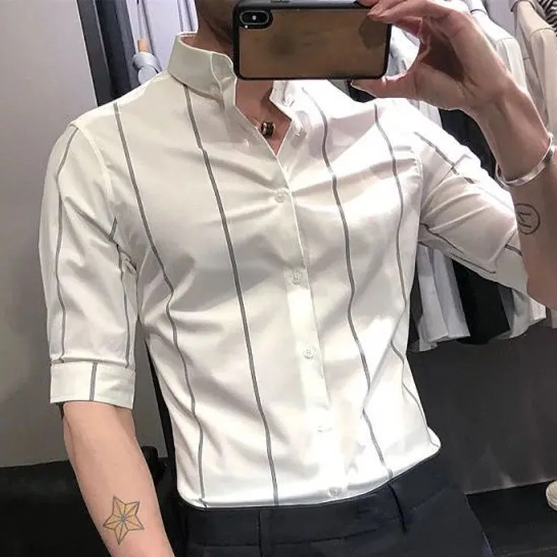 2023 Autumn Thin Fashion Trend Stripe Slim Fit Non Ironing Medium Sleeve Vertical Collar Versatile Style Business Men\'s Shirt