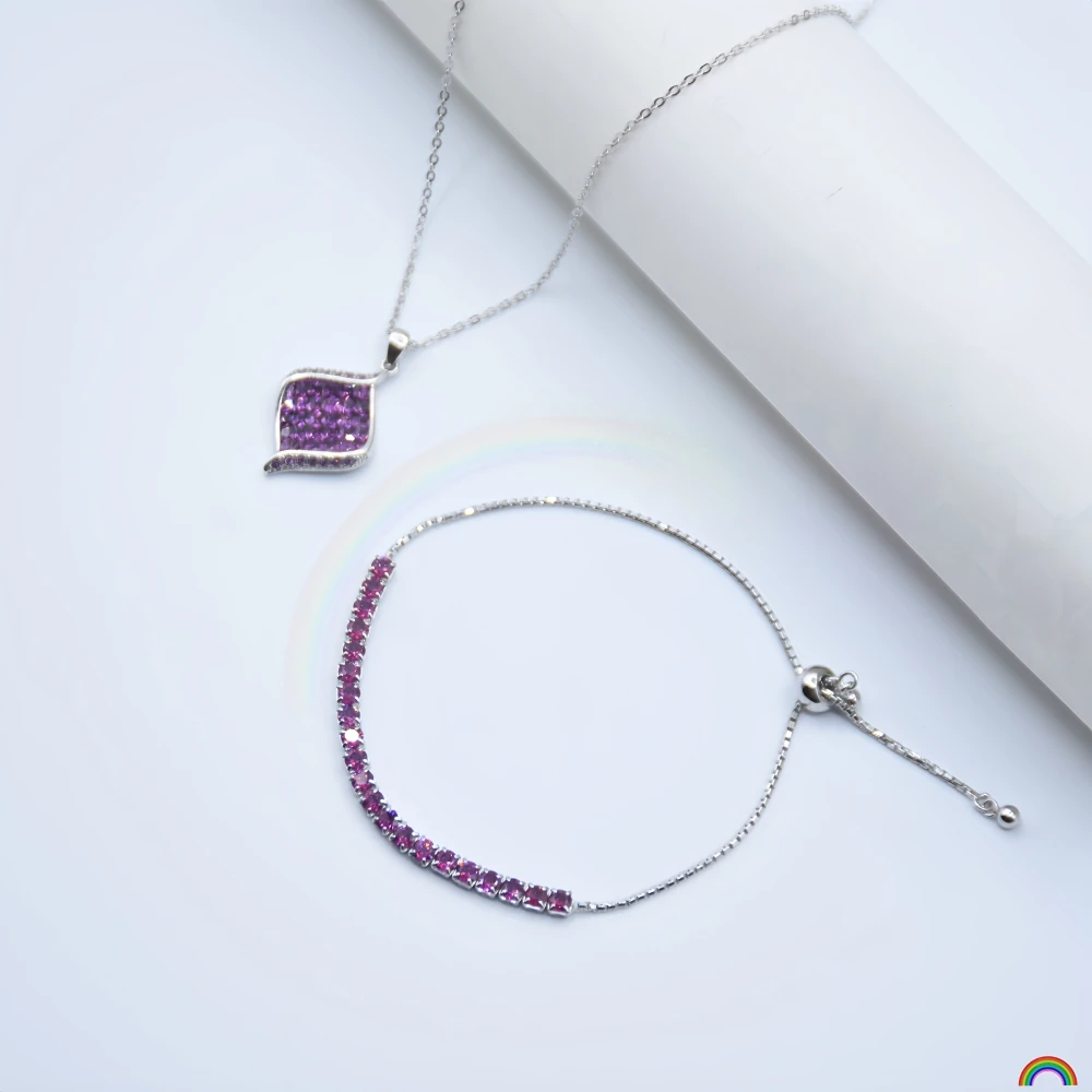 

Natural garnet bracelet with purple garnet diamond-shaped pendant, all-over S925 simple gemstone jewelry set for women, Rwbuy