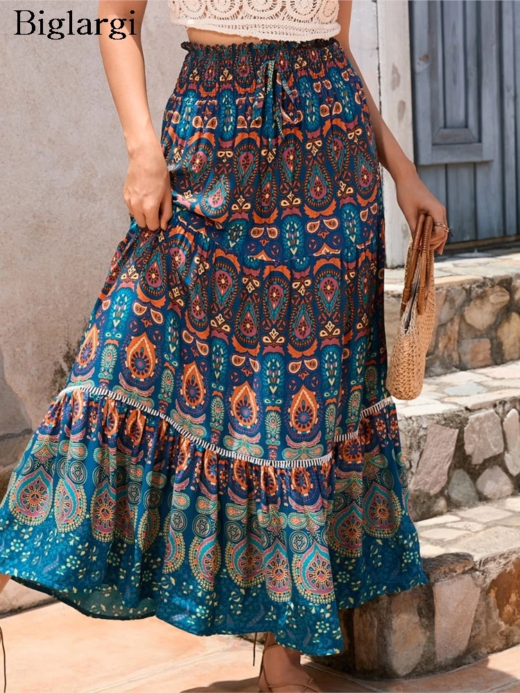 

Летняя эластичная юбка с высокой талией, женская модная юбка трапециевидной формы с цветочным принтом, повседневная свободная плиссированная женская длинная юбка с рюшами