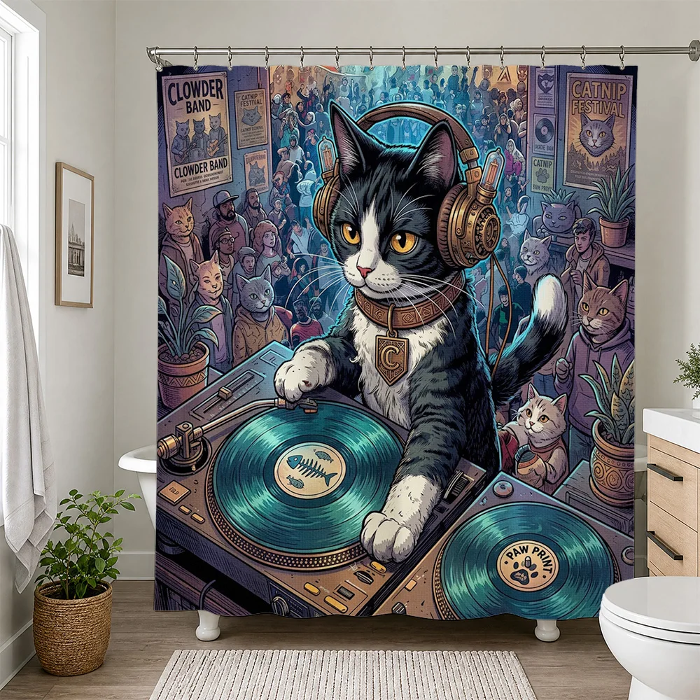 Funny Cat Band Shower Curtain Pop Culture Music Lover Bathroom Decor Novelty Shower Curtain
