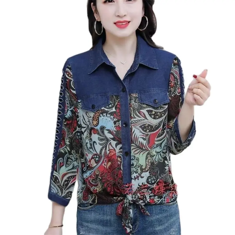 

2023 Spring Women Explosions Vintage Printed Stitching Shirts Female Korean Personality Loose Blouses Cover Their Stomachs Shirt