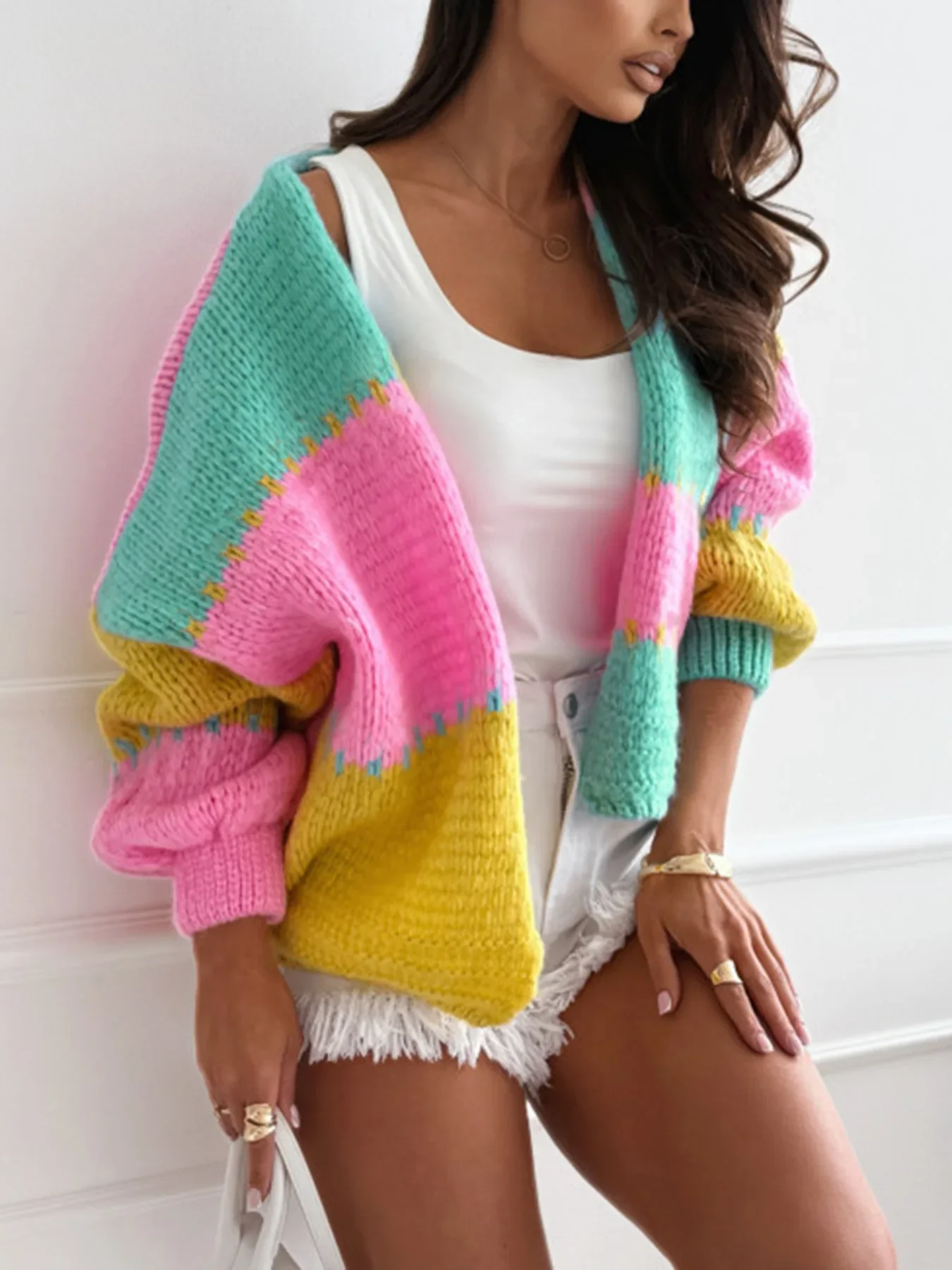 Autumn Winter New Women Color Block Patchwork Cardigan Loose Casual Colorful Sweater Female Knitwear Coat