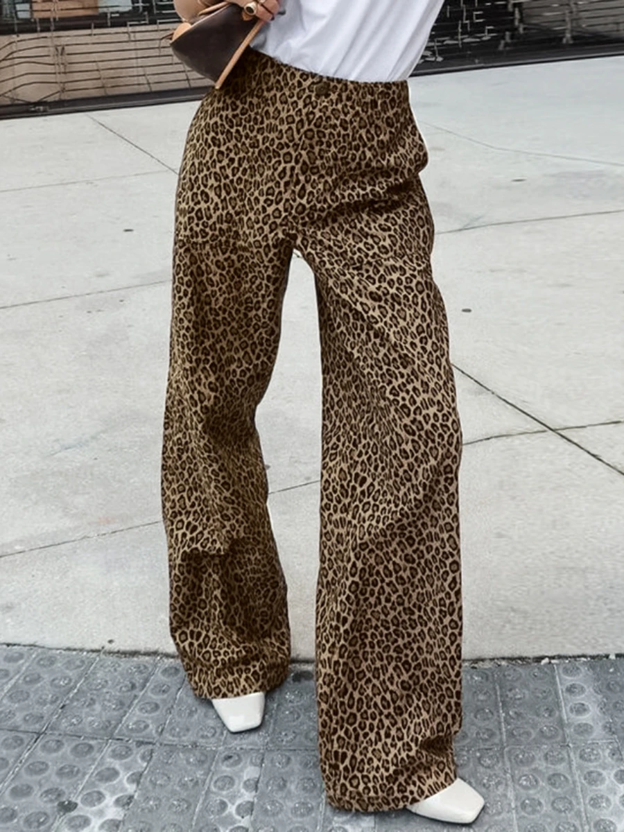 Bornladies 100% Cotton Women Casual Pants Leopard Print High Waisted Versatile Fashion Loose Fitting Office Lady Wide Leg Pants