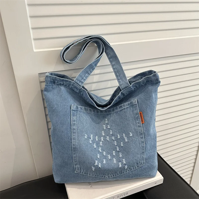 

Denim Bag Women's New Popular Casual Shoulder Bag Large Capacity Class Commuter Tote Bag