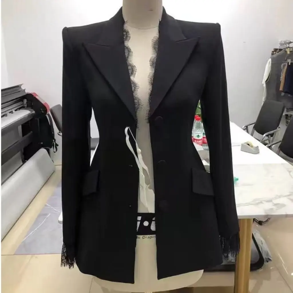 

Women's Chic Small Suit Jacket Lace Stitching Waist Trendy Casual Wear for Business And Formal Occasions