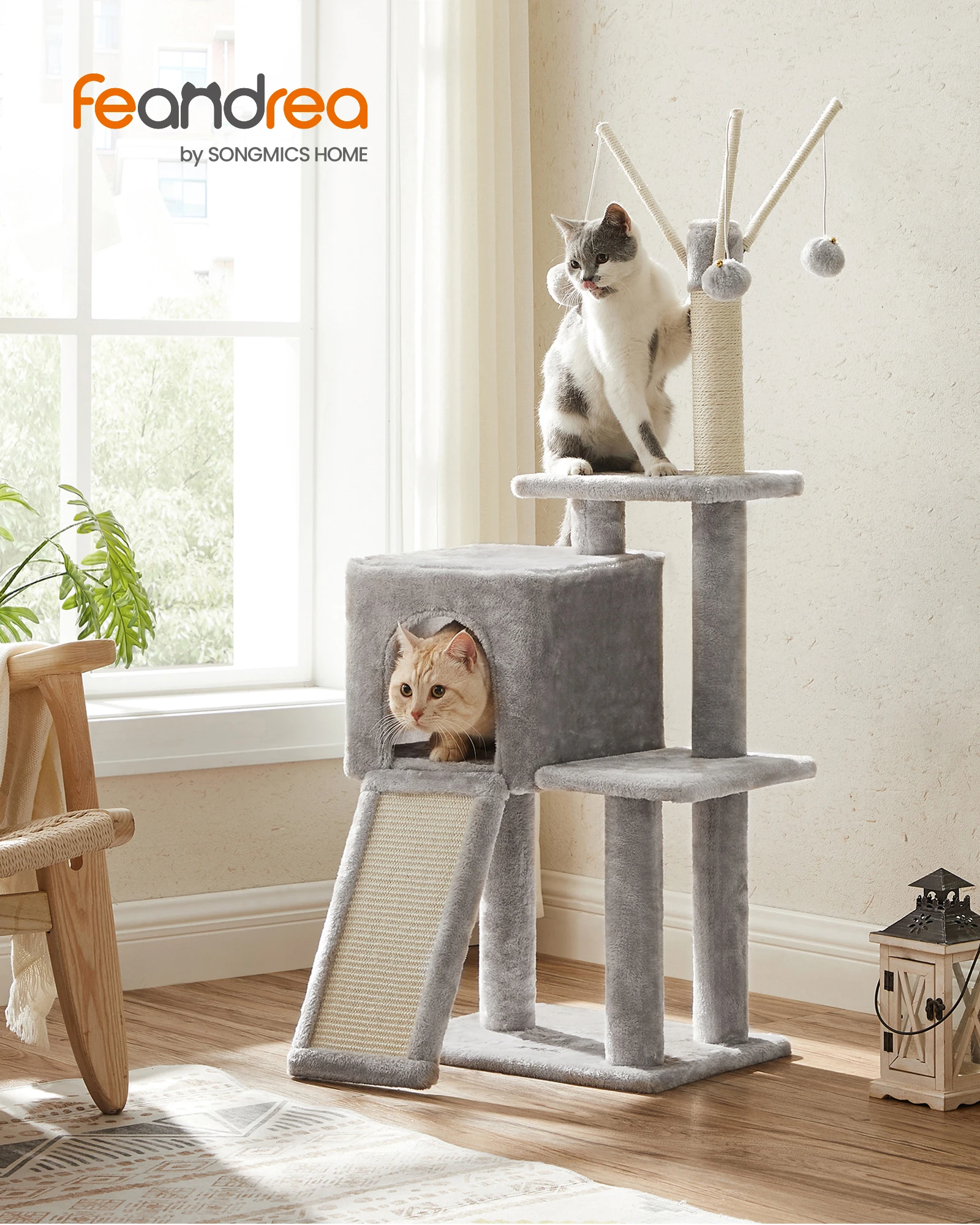 Feandrea Cat Tree, 46.5-Inch Cat Tower for Indoor Cats, Multi-Level Plush Cat Condo, Scratching Post, Ramp