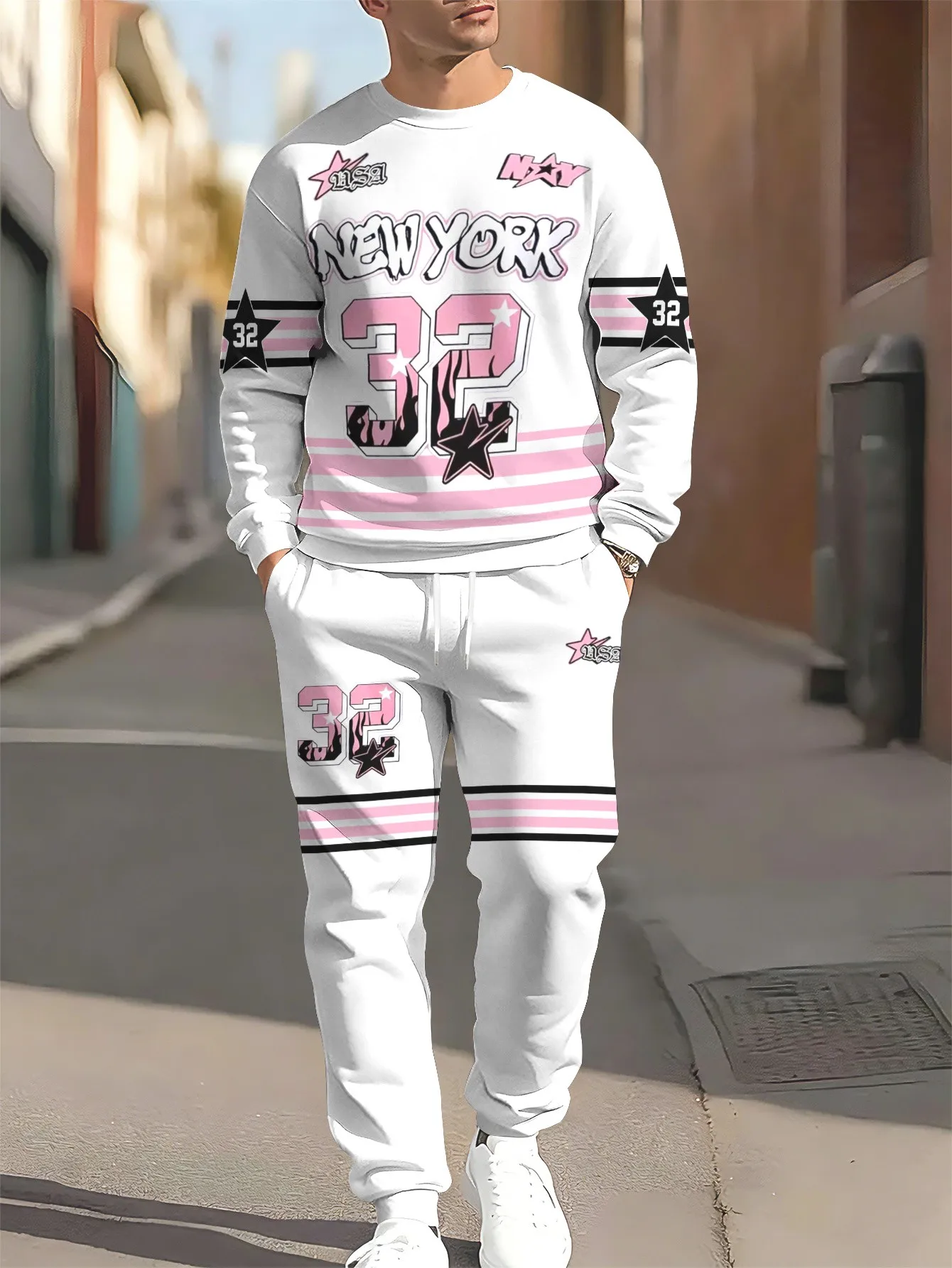 2026 autumn and winter new men's round-neck sweater set street sports fashion versatile 3D letter pattern printing