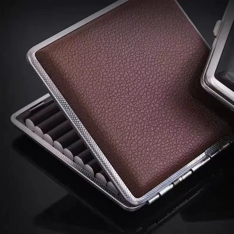 Portasigarette in metallo 20 pezzi modello in pelle scatola da fumo sottile portatile con clip elastica design durevole anti-pressione per uomo