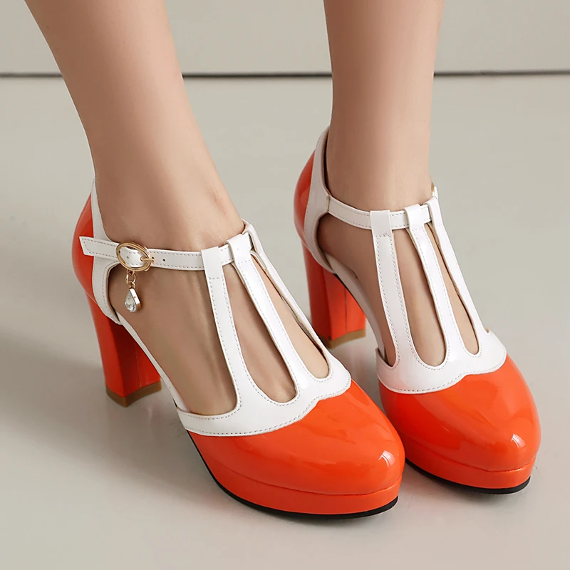 Candy Color Patchwork Mary Jane High Heel Women Shoes Platform Ankle Strap Pumps Party Cosplay Uniform Dress Wedding Shoes Femme