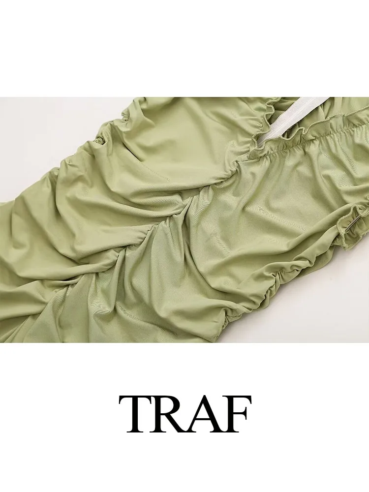 TRAF 2024 여름 원피스 솔리드 브이넥 민소매 슬림 플리츠 미디 드레스, 여성 백 지퍼, 섹시한 파티, 여성 이브닝 원피스