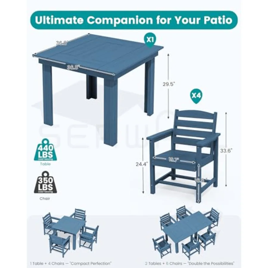 HDPE Outdoor Square Dining Set for 4 Armchair Seat Weather-Resistant HDPE Material Charcoal Gray UV-Stabilized Stackable