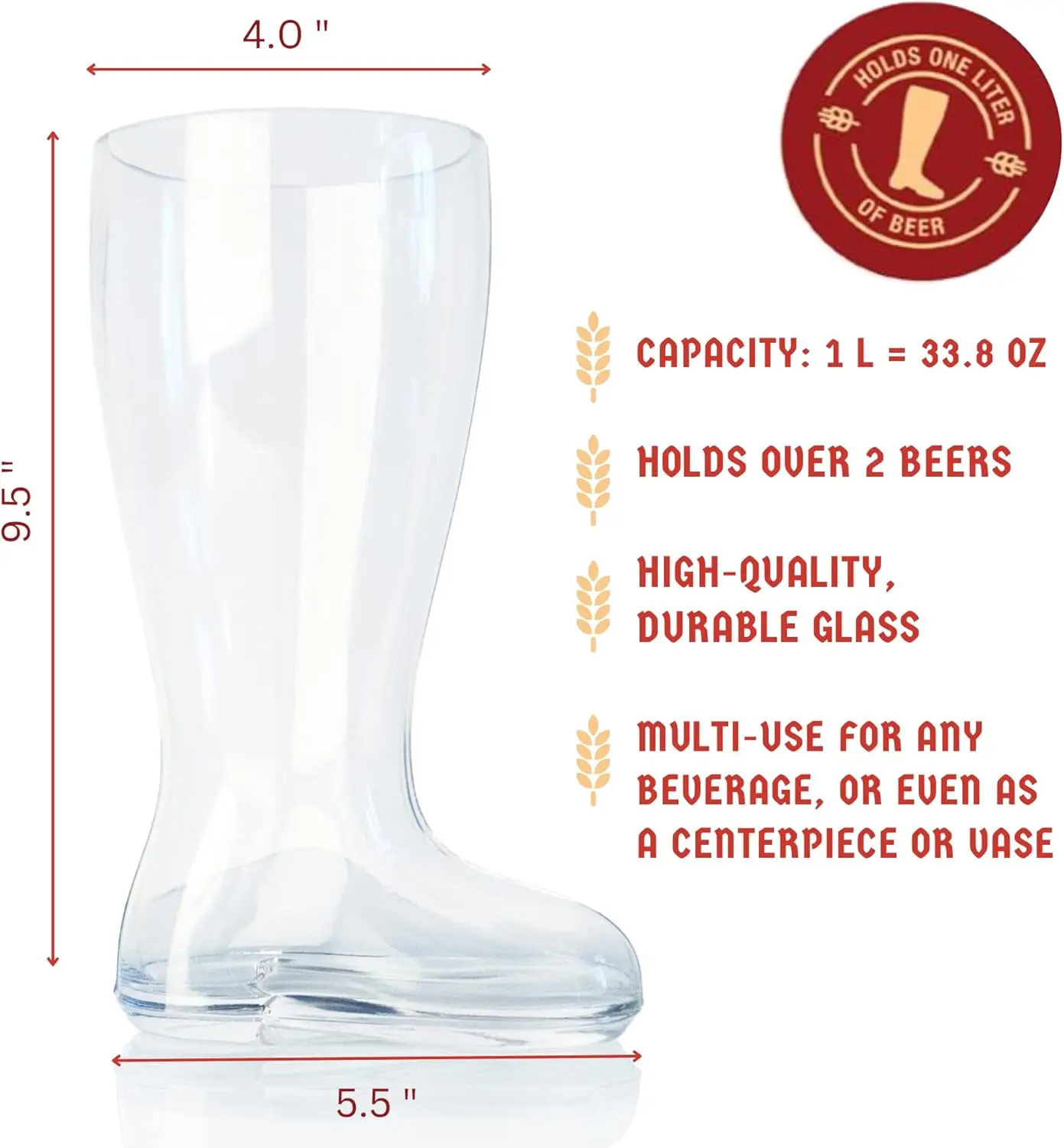 Big Betty Das Boot - Glass Beer Boot Mug for Oktoberfest Celebration, St. Patrick's Day, Bachelor/Bachelorette Parties
