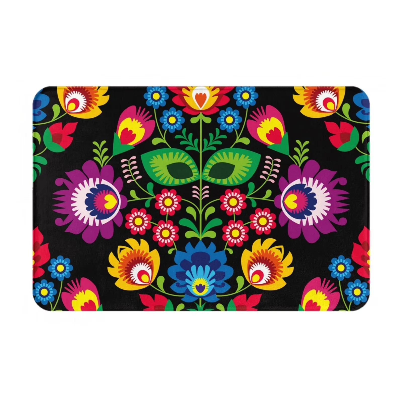 Polish Folk Art Floral Print Flannel Doormat Durable Non Slip Entrance Rug for Front Door
