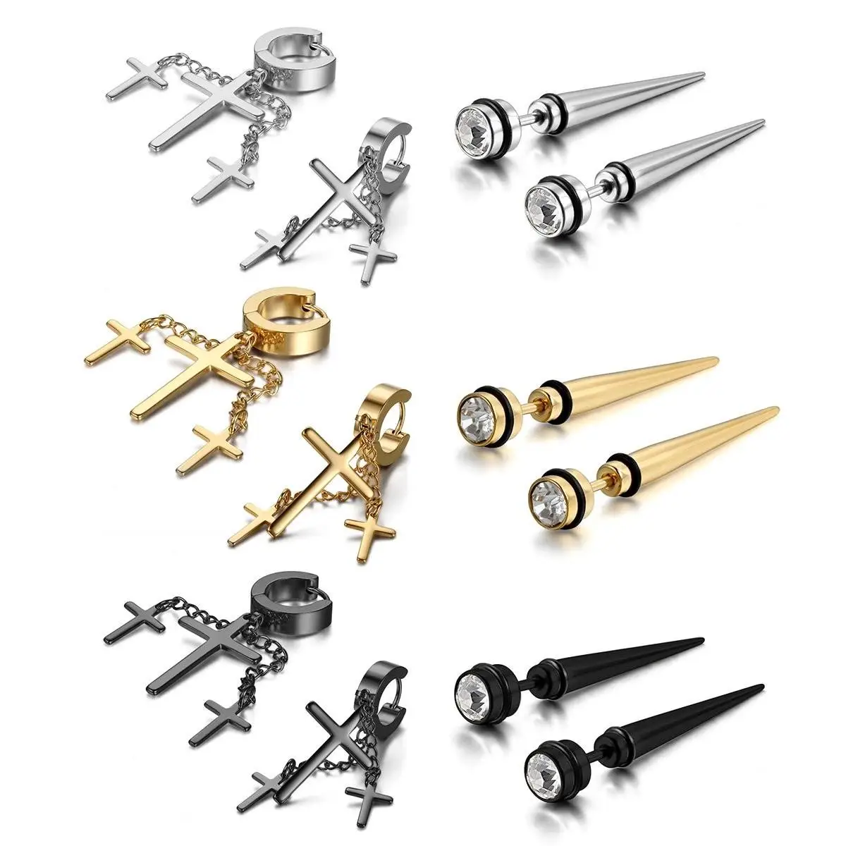 2PCS Stainless Steel Tapers Mens Earrings Illusion Tunnel Cheater Piercing Jewelry Gauge Earrings Spike Stud Earrings Men Women