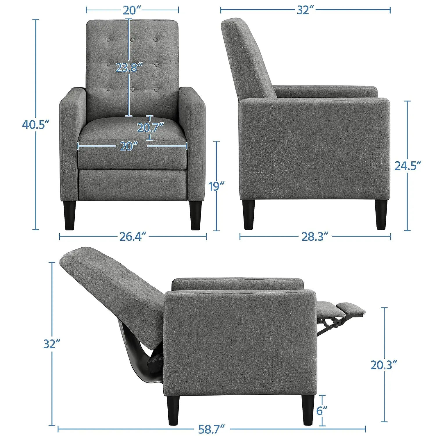 Fabric Recliner Chair Tufted Upholstered Single Sofa Gray, Customized