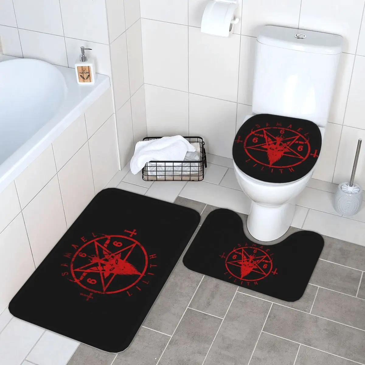 

Satanic Pentagram Baphomet 3 Pcs Bath Mat Bathroom Set Toilet Lid Cover Home Decor Non-Slip Carpet Floor Rug