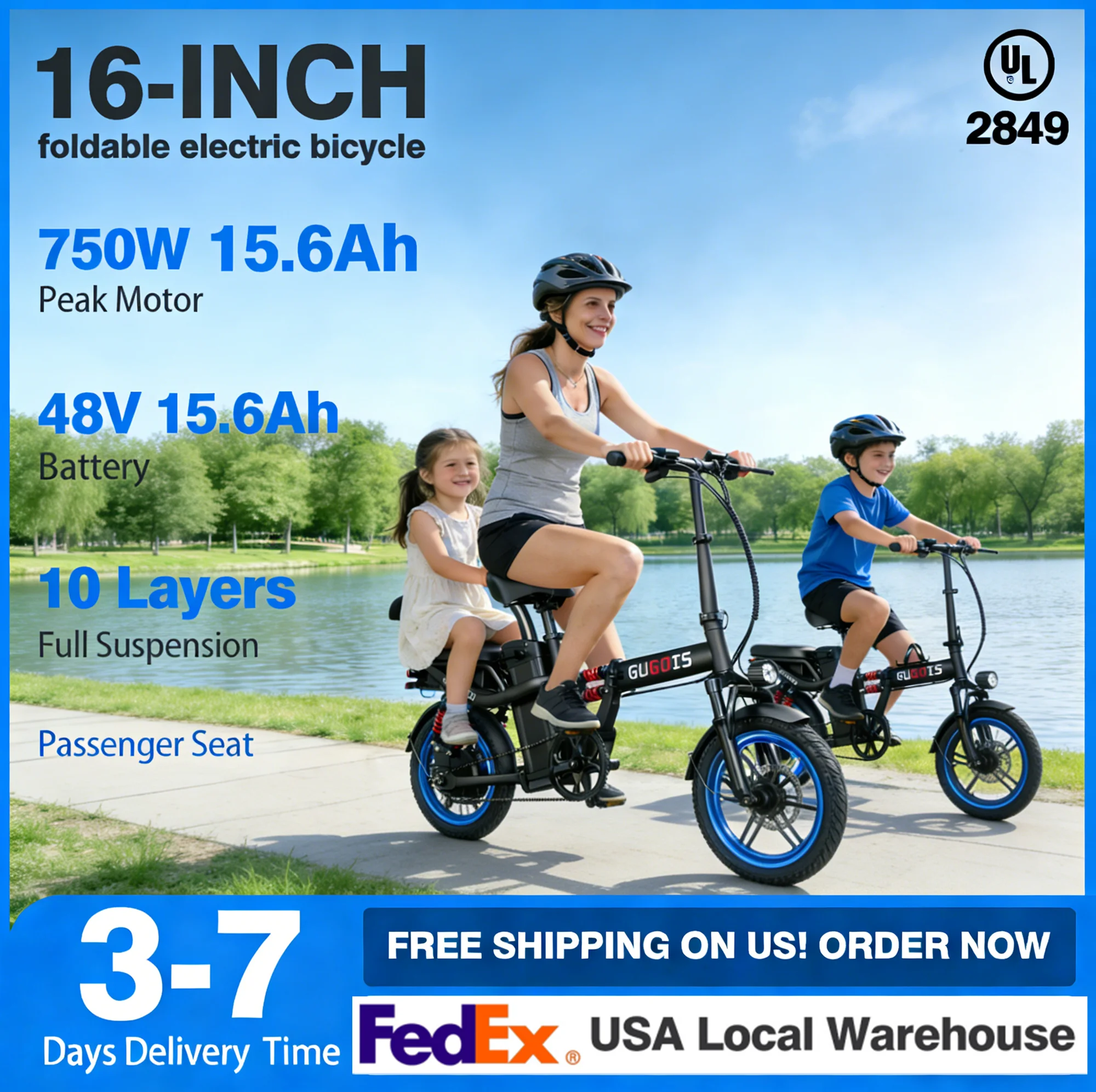

16 Inch Foldable Electric Bike with Seater 750W 28MPH 48V15AH SGS/UL Certified G16 Full Suspension Mini E-Bike for Adults Teens