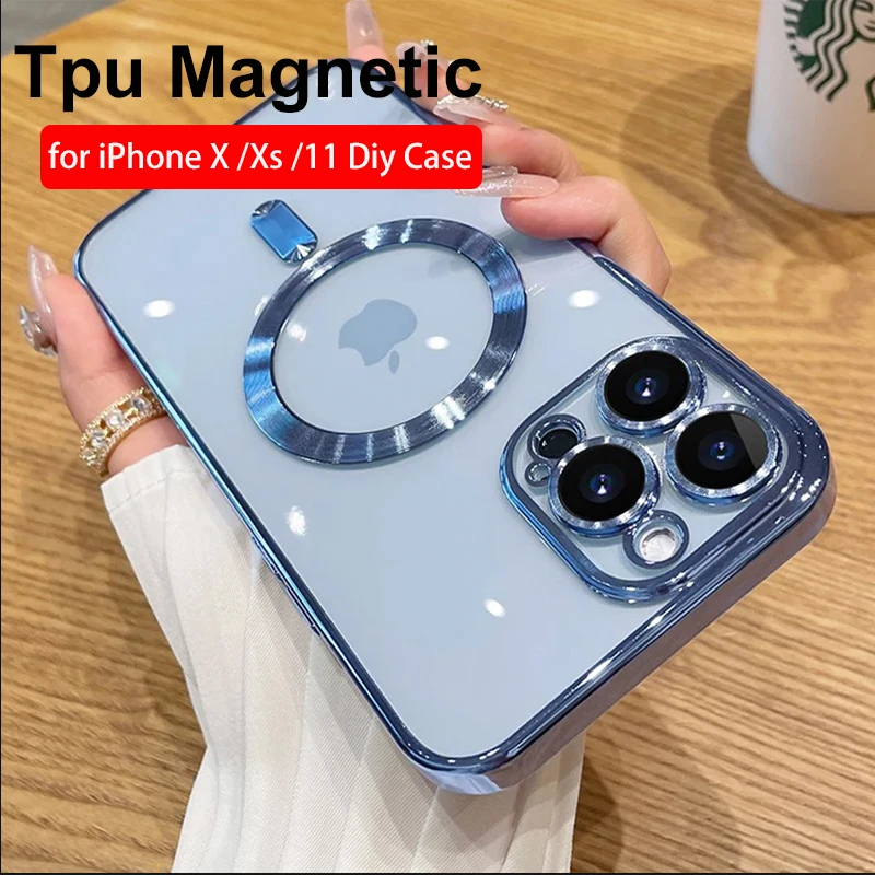 Luxury Plating Clear Magnetic For Magsafe Charging Case For iPhone XR X Xs  like 15 14 13 12 11 Pro Max Diy Shiny Silicone Cover