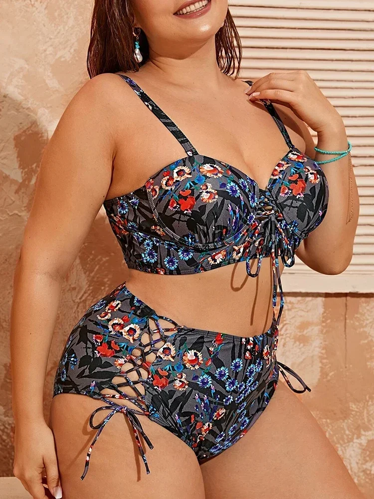 Traje de baño de corte de encaje para mujer, conjunto de bikini de cintura alta, y pendiente push-pull, traje de baño grande 4XL, novedoso