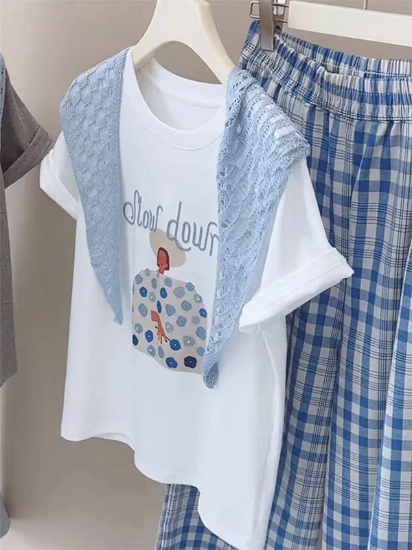Korean Style Casual Cartoon Print Short Sleeve Women's T-shirt Blue Knitted Shoulder Wrap Gentle Top Breathable Summer New Ar...