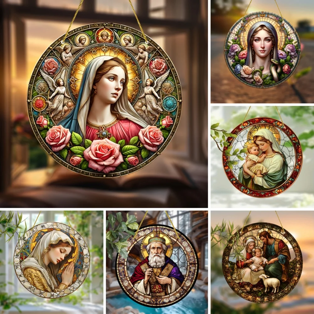 Lebendiger Sonnenfänger aus Acryl der Jungfrau Maria, Geschenk für Jesus-Glaube, Heim- und Raumwanddekoration für Zimmer und Garten – glatte, abgerundete Ecken