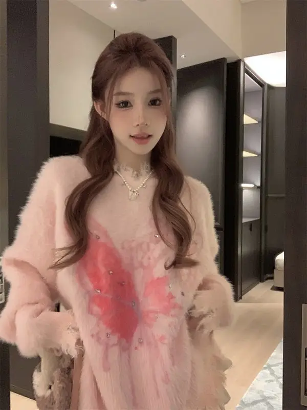 Hot Drilled Hole Butterfly Mink Velvet Sweater for Women Lazy Style Loose Design Soft Waxy Sweater Top Trendy