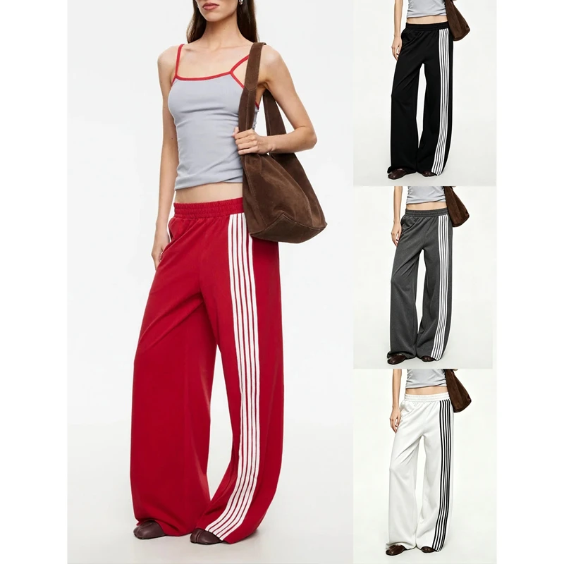 Y2k Side Striped Contrast Color Long Pants For Women Elastic Low Waist Straight Tousers Wide Leg Loose Fit Sweatpants
