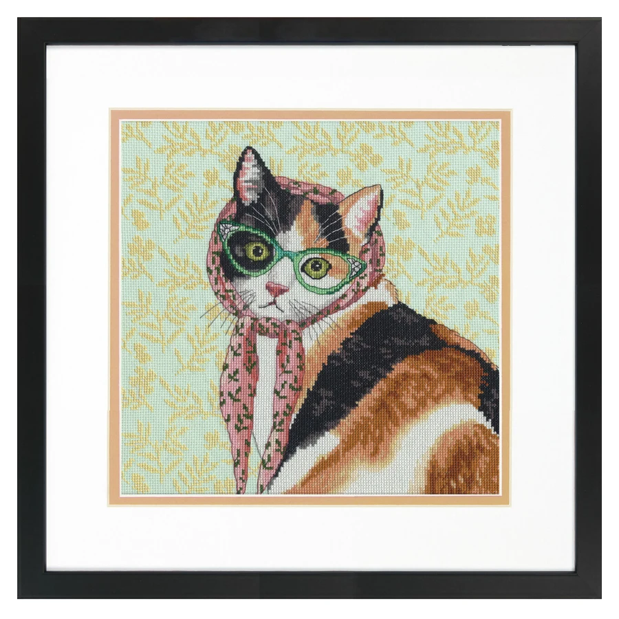 Gold Collection Cross Stitch Kit, Mama Cat, Mum Kitty Wearing Glasses, Mother Animal Embroidery, Dim70-35395