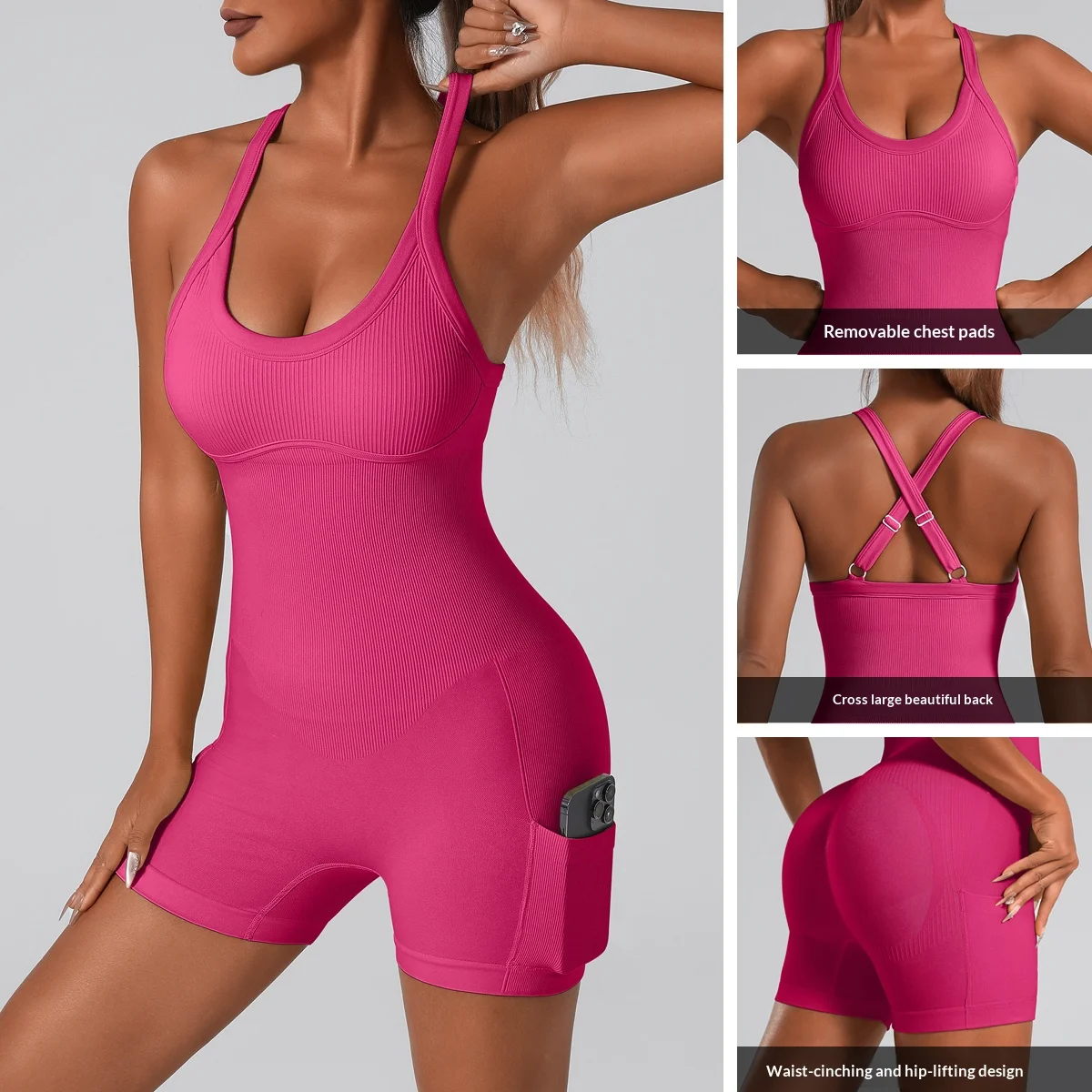 Body Deportivo con Espalda Cruzada Integrada, Body de Yoga Sexy con Espalda Cruzada, Mono Deportivo con Shorts y Relleno para Mujer