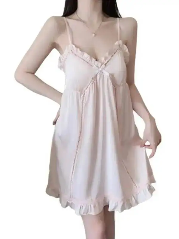 Sexy Women's Dress Deep V Hot With Chest Pads Pure Desire Smooth Satin Bowknot Dress Backless Deep V Suspenders Sleeveless 9SY2