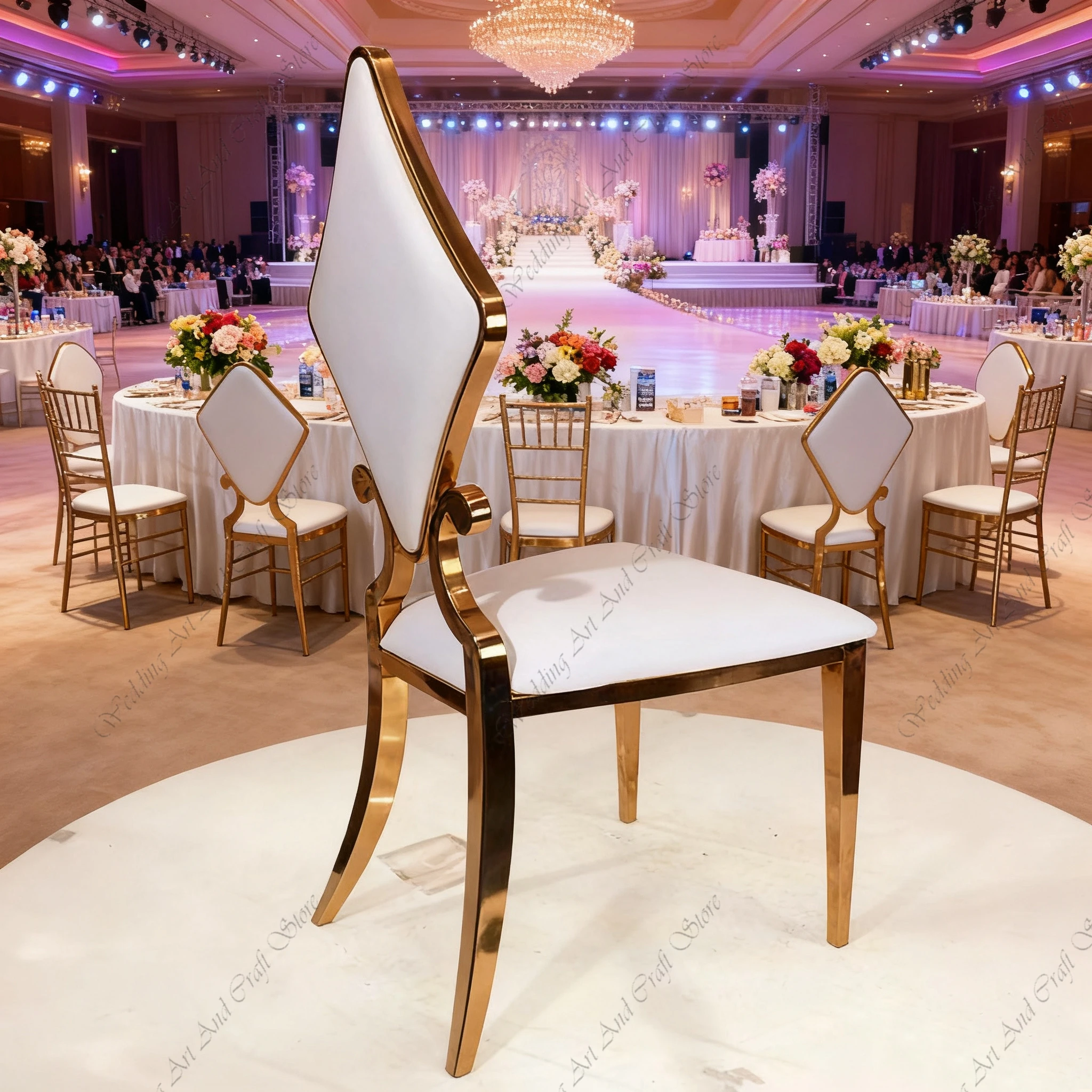 36pcs f30 Luxury  Gold Stainless Steel Poker Diamond Shape Backrest Banquet Chair for Wedding Event Decoration Backdrop ivy381