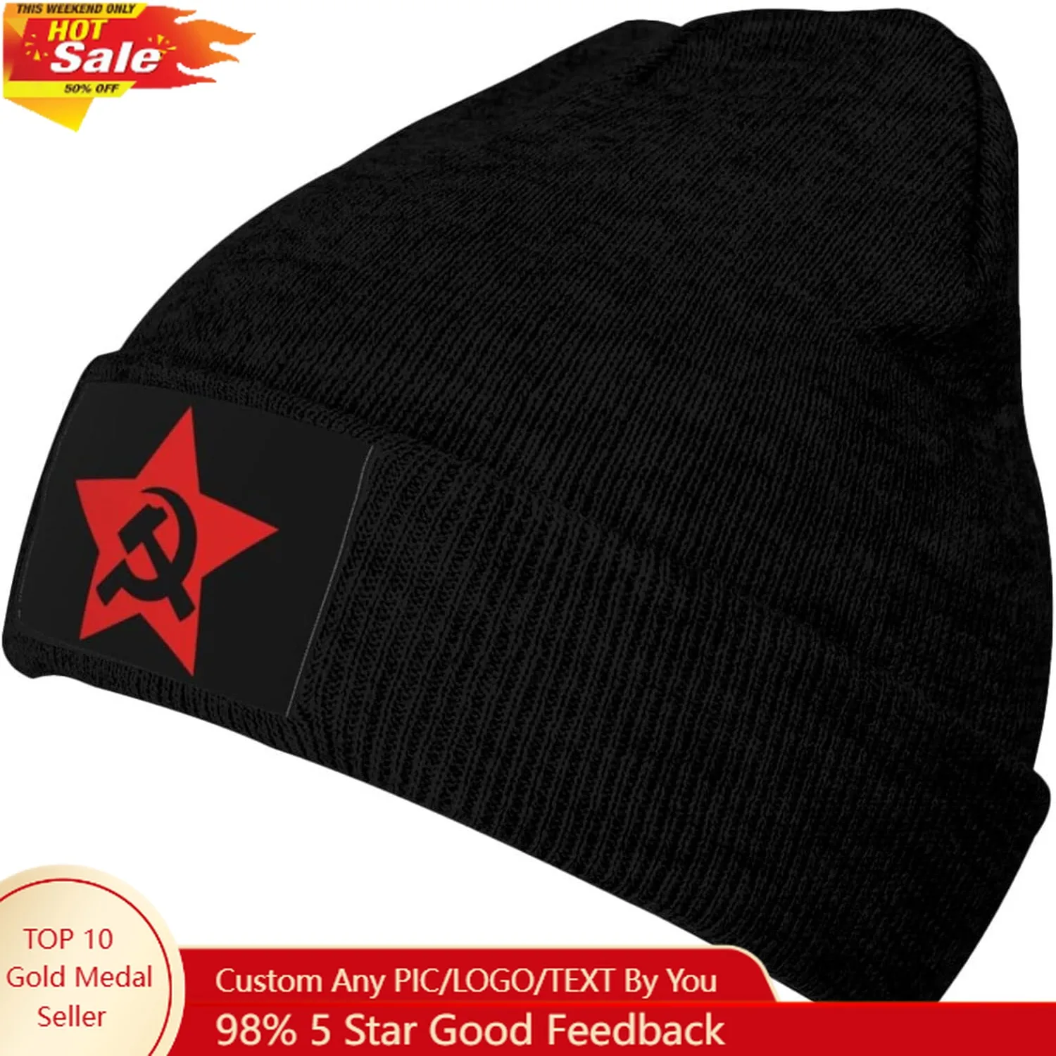 

Communist USSR Hammer Sickle and Star Knit Beanie Winter Hats for Men and Women Knitted Cuffed Skull Cap