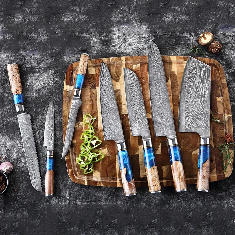 XITUO Kitchen Knives Set Damascus Steel VG10 Chef Knife Cleaver Paring Bread Knife Blue Resin Stabilised Wood Handle 1-7PCS Set