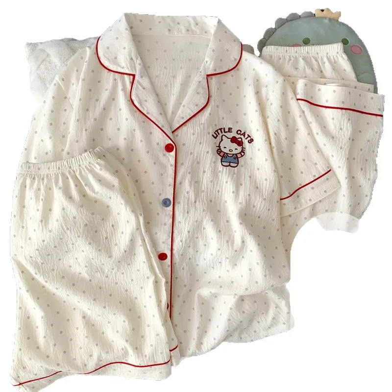 Conjunto de pijamas Hello Kitty para mujer, verano, algodón, manga corta, 3 piezas, estampado de nubes