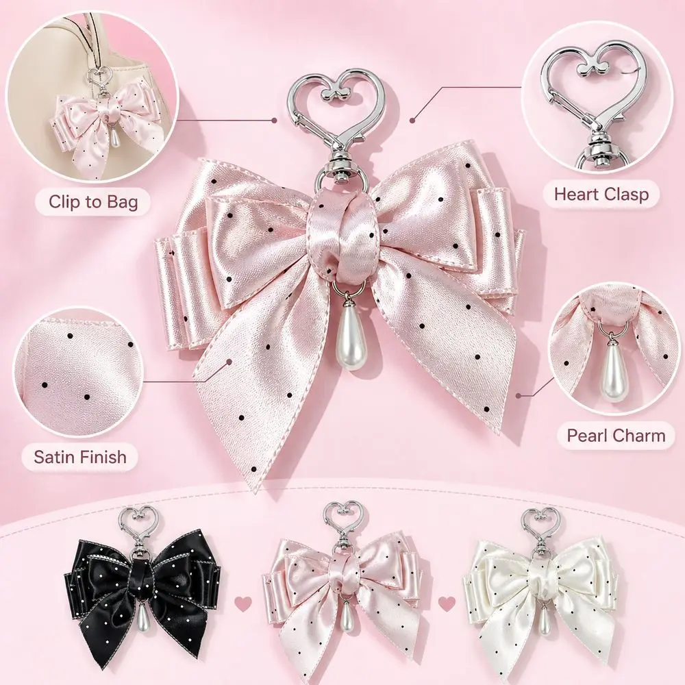 Polka Dot Pattern Polka Dot Bow Keychain Pearl-Style Charm Satin Finish Bag Pendant Sweet Lolita Style Bow Bag Charm