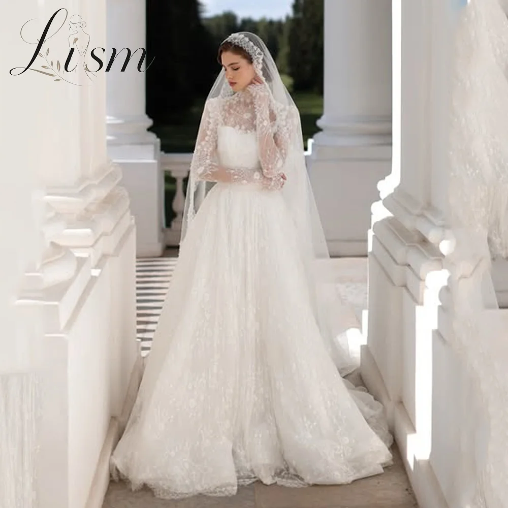 Lism Elegant Ivory Lace Wedding Dress High Neck Long Sleeve A-Line Sweep Train Bridal Dress for Bride Robe De Mariée Customized