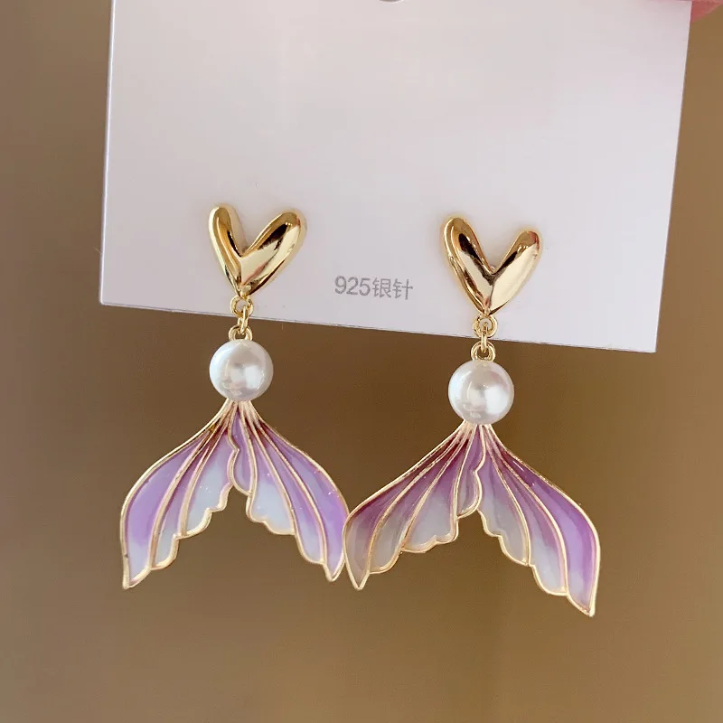 Purple Enamel Oil Fish Tail Dangle Earrings for Women Golden Metal Imiation Pearl Drop Earrings Fashion Party Jewelry Gift