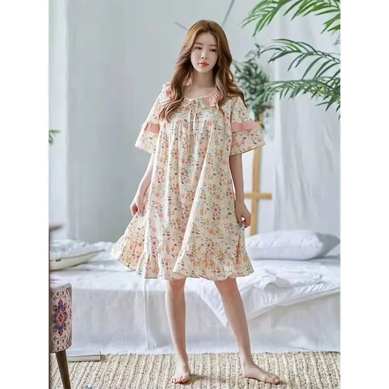 Pajamas Female Summer Cotton High Appearance Level Floral Nightdress Lazy Wind Top Grade Western Style Lace Wear Loungewear