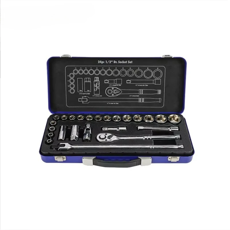 

24PC 1/2'' Manual Socket Repair Tool Set Box Hard Case Steel Material Hand-Power Source