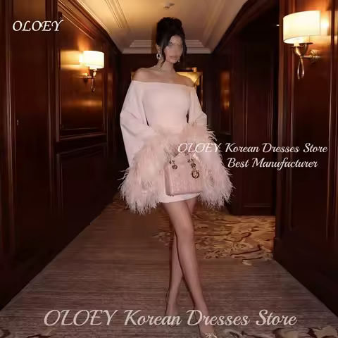 OLOEY Elegant Light Pink Mini Arabic Evening Dresses Customized Off-shoulder Feather Women Party Dress Quinceanera Dress