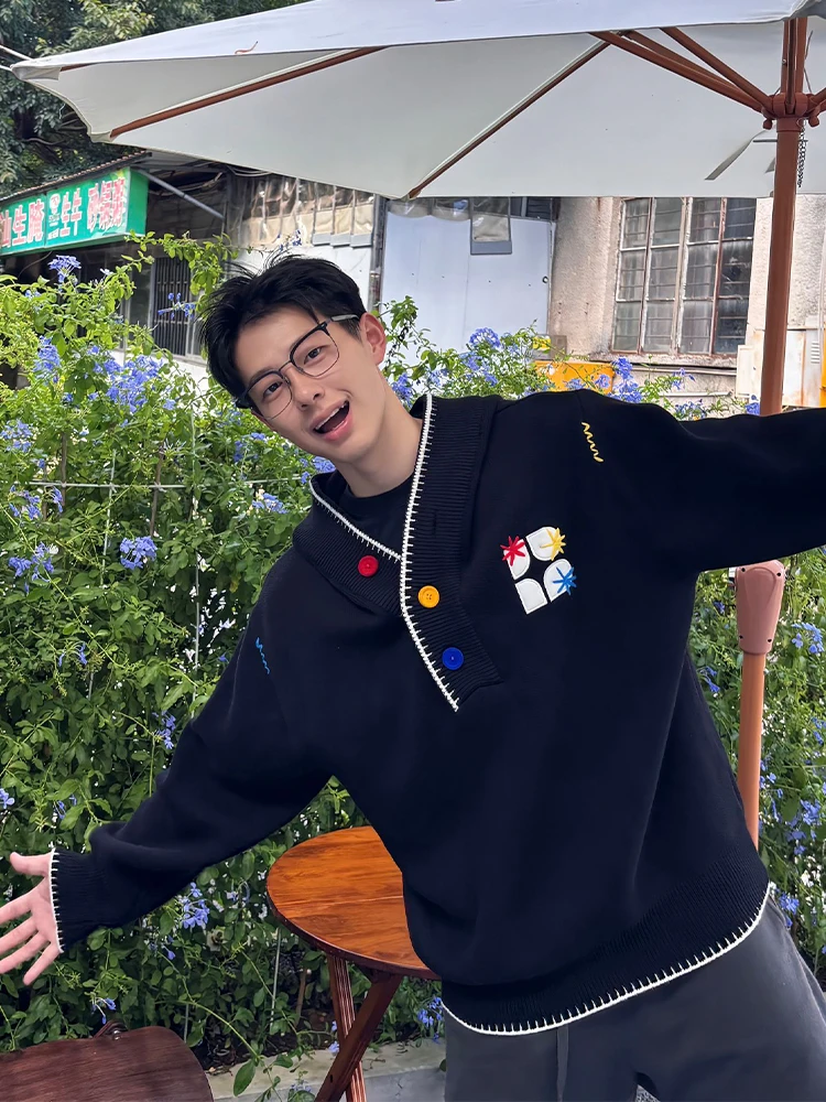 

Мужской вязаный свитер с капюшоном на пуговицах Bla Tee-Color, модный брендовый свитер в стиле Lazy Sle для пар, американский плотный худи-куртка