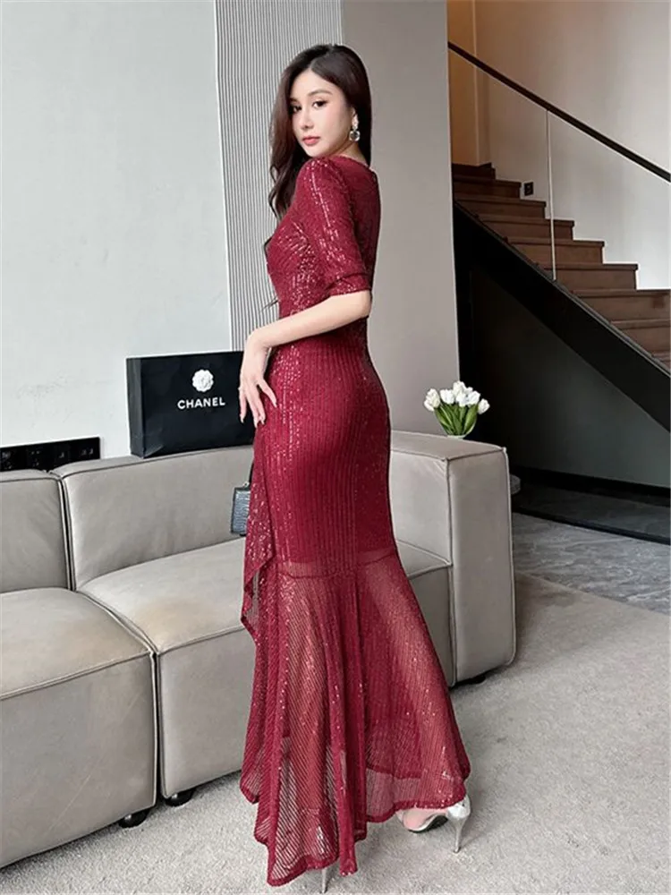 Dress Women's Spring Summer Solid Color Sequin V-neck Five-point Sleeve Irregular Long Fishtail Skirt Slim Female Clothing M191