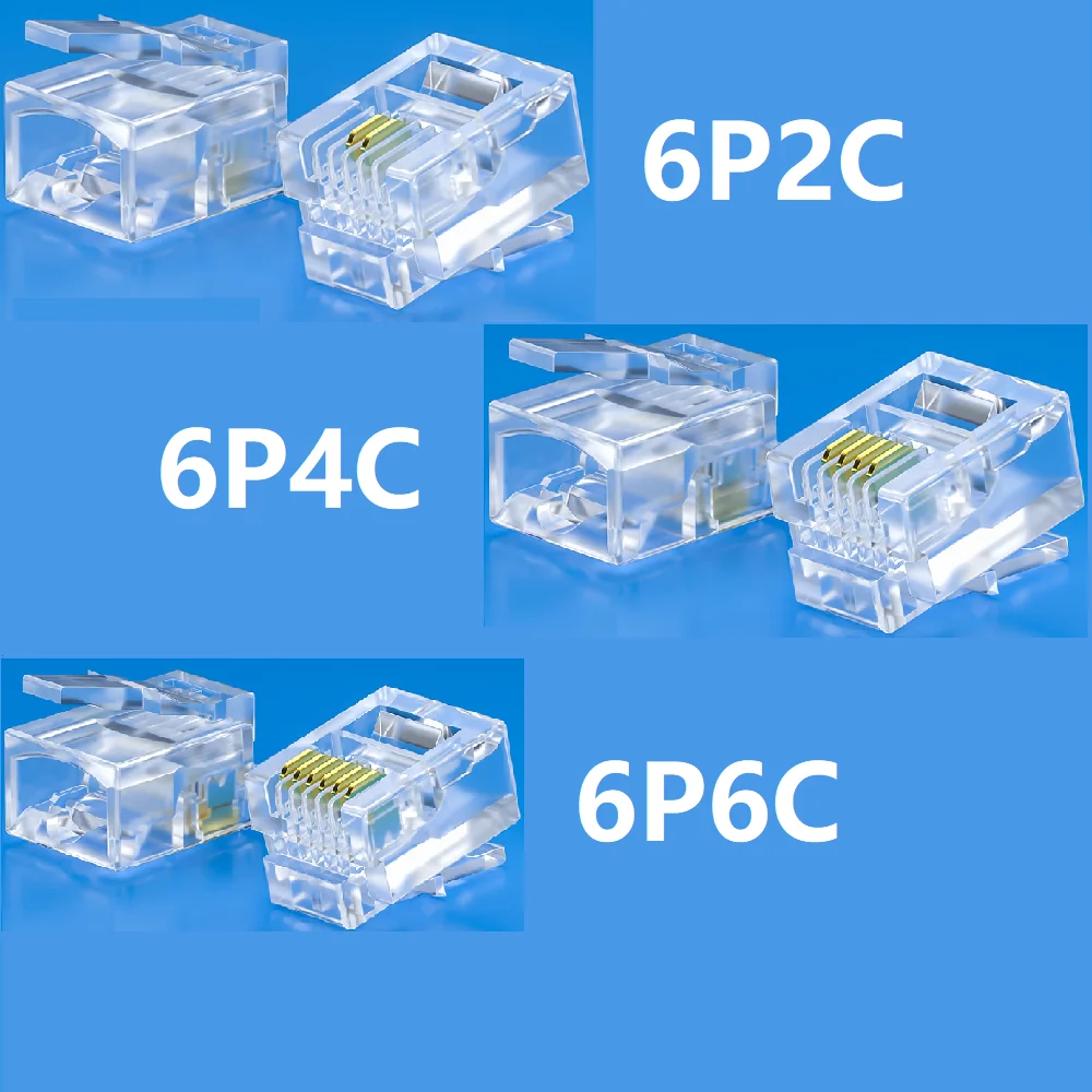100PCS  Crystal Head Modular Plugs for RJ25 RJ14 RJ11 Jack Phone Cables  6P6C 6P4C 6P2C