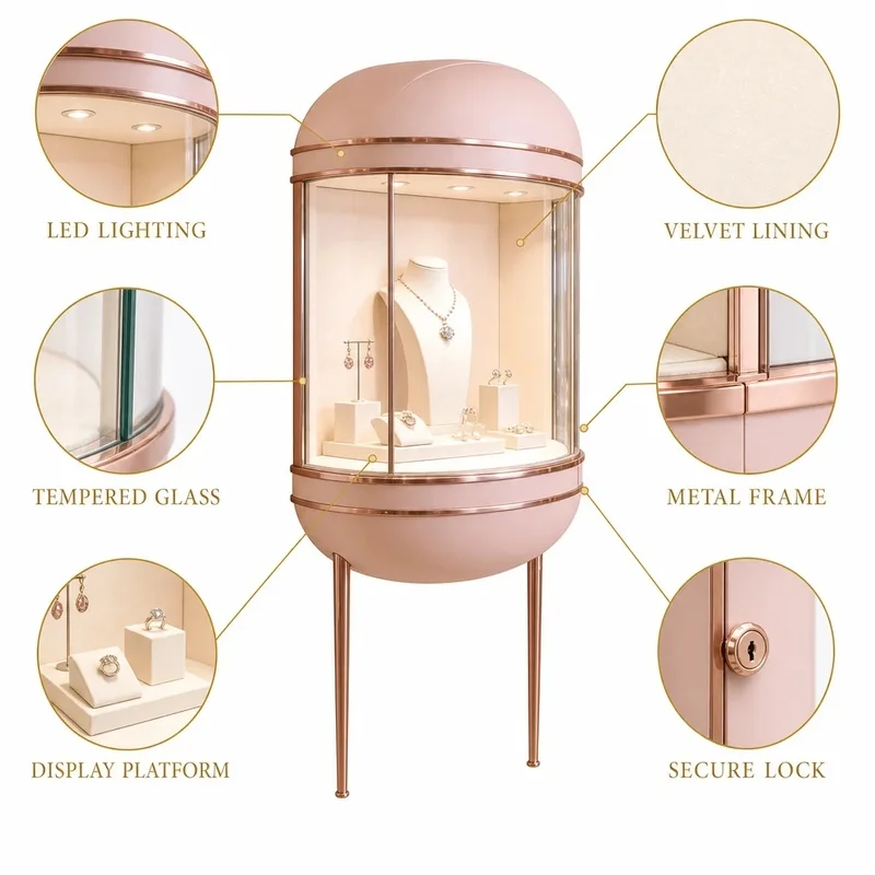 custom.Wall Mounted Curved Jewelry Display Cabinet Acrylic Dome LED Lighting Rose Gold Frame Jewelry Store