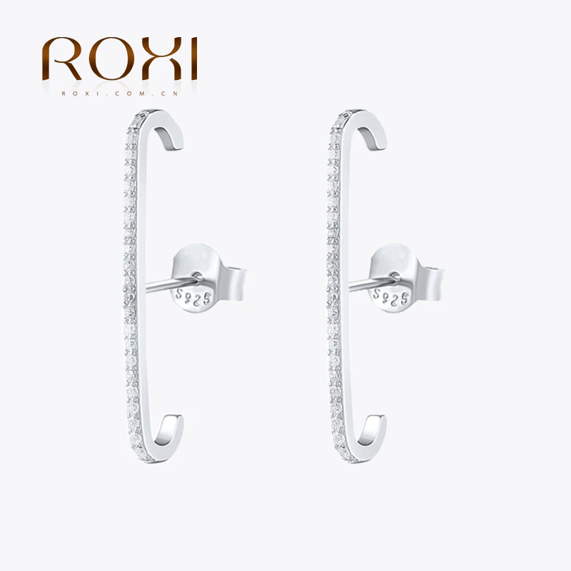 ROXI Shiny Zircon 925 Sterling Silver Stud Earrings for Women Geometric Row Crystal Piercing Earring Minimal Korean Jewelry Gift